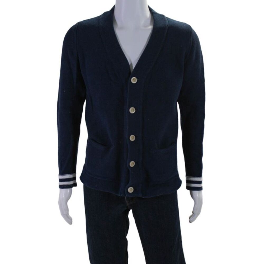 Corpus Mens Knitted V-Neck Striped Wrist Button Down Cardigan Blue Size S